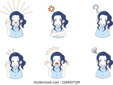 Set of illustrations of various expressions of a girl in a suit.