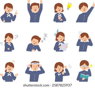 Set of illustrations of various expressions of students. Japanese translation is "pass".