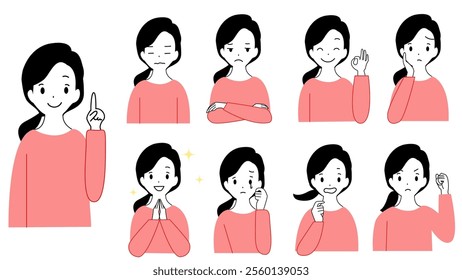 A set of illustrations of various expressions of a young woman's upper body. Joy, anger, sorrow, and pleasure.