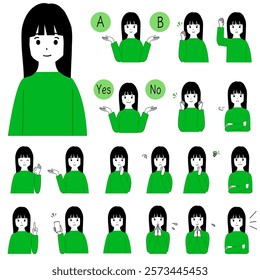 A set of illustrations of various expressions of a young  girl's upper body. Joy, sorrow, and pleasure.