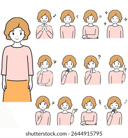 Um conjunto de ilustrações de várias expressões da parte superior do corpo de uma jovem. Alegria, raiva, tristeza e prazer.