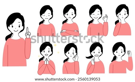 A set of illustrations of various expressions of a young woman's upper body. Joy, anger, sorrow, and pleasure.