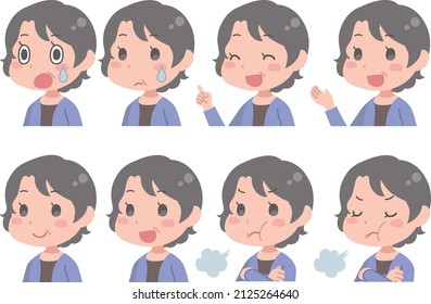 A set of illustrations of various facial expressions of middle-aged women.