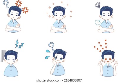 set of illustrations of various facial expressions of boys in shirts