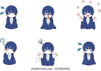 Set of illustrations of various facial expressions of people in suits
