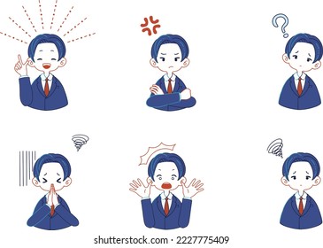 Set of illustrations of various facial expressions of a person wearing a suit