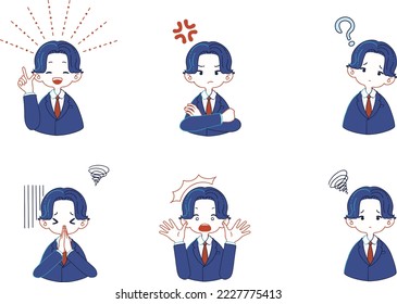 Set of illustrations of various facial expressions of a person wearing a suit