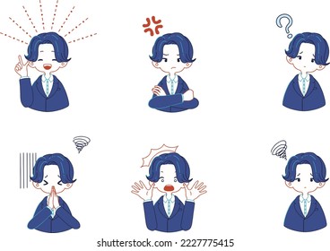 Set of illustrations of various facial expressions of a person wearing a suit