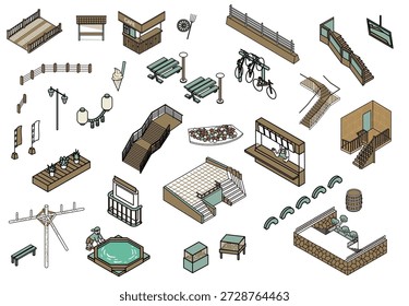 A set of illustrations of various facilities and fixtures used in parks and outdoor facilities.