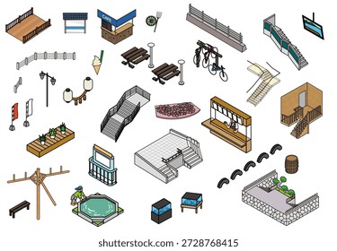 A set of illustrations of various facilities and fixtures used in parks and outdoor facilities.
