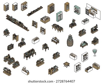 A set of illustrations of various fixtures and display shelves used in stores and sales areas.
