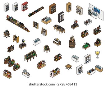 A set of illustrations of various fixtures and display shelves used in stores and sales areas.