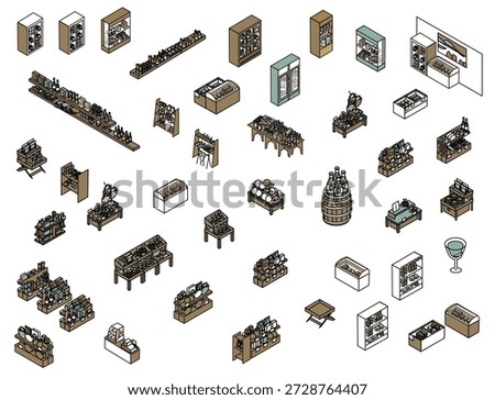 A set of illustrations of various fixtures and display shelves used in stores and sales areas.