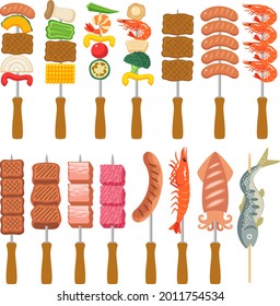 A set of illustrations of various foods on barbecue skewers