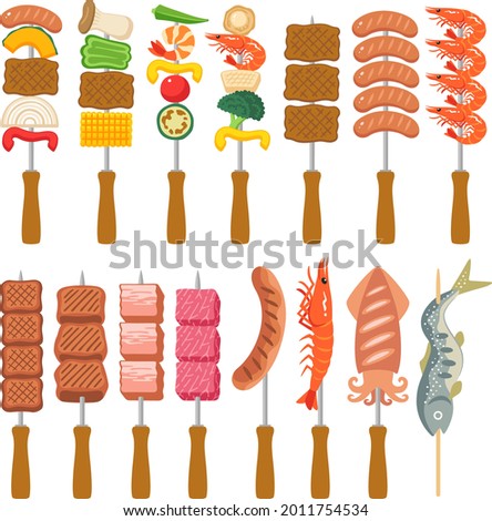 A set of illustrations of various foods on barbecue skewers