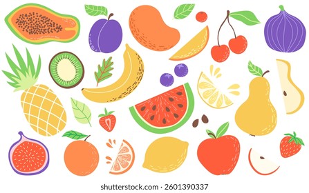 A Set of illustrations with various  fruits and berries. Healthy nutrition. Vector flat illustrations. Pineapple, Watermelon, Banana, Fig, Pear, Apple, Cherry, Orange, Lemon, Mango
