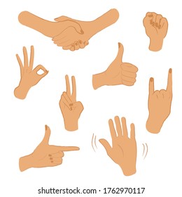 A set of illustrations with various human hand gestures in a flat style. It shows common gestures, different emotions, greeting, handshake. Separately isolated images, on a white background