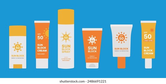 A set of illustrations of various packages of sunscreen, sunscreen, sunblock, sun spray, and sun stick as makeup cosmetics used to block UV rays in the summer. UV protection mark logo and typography.