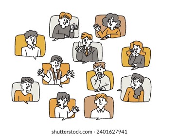 Montaje de ilustraciones de varias personas conversando entre ellas con sus rostros asomándose a las burbujas de voz