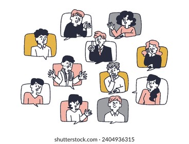 Set of illustrations of various people conversing with each other with their faces peeking out from speech bubbles
