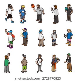 Um conjunto de ilustrações de várias pessoas posam que podem ser usadas em cenas diárias e ao ar livre.