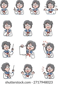 Un conjunto de ilustraciones de varias poses de una niña de escuela media con gafas.
