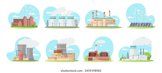 Set of illustrations of various power plants and energy sources on a light background, showcasing energy generation concepts. Vector illustration