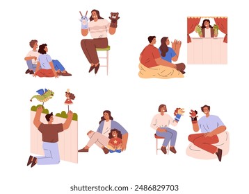 Set of illustrations of various puppet shows with spectators. The characters are immersed in a fairy-tale world with hand-dressed puppets and marionettes. Ideal for leisure and pastime themes.