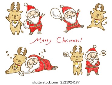 Set of illustrations of various scenes of Santa Claus and his reindeer duo