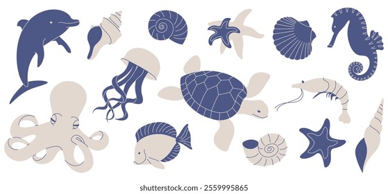 Set of illustrations with various sea creatures, fish, animals and underwater objects