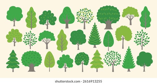 Set of illustrations of various types of trees