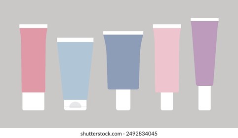 Set of illustrations of various types of tube-shaped lotions, creams, liquids, cosmetics, packs, makeup, and beauty concept packages.