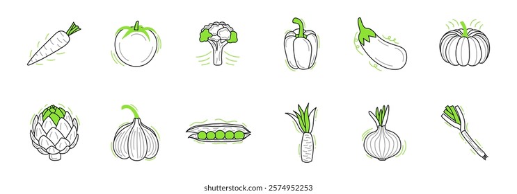 Set of illustrations of various vegetables, including common options like carrots and onions.