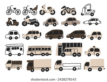  Set of illustrations of various vehicles such as bicycles, motorcycles, passenger cars, etc.