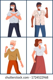Set of illustrations with vector cartoon characters protesting against coronavirus. Concept of world epidemic of covid 19. Mix race people wearing medical masks aggressive to spread of dangerous virus