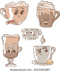 set of illustrations vector cup of coffee glass with drink cappuccino latte espresso mochaccino mochiato glace coffee cocktail