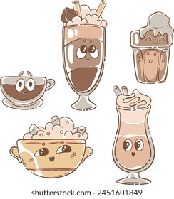 set of illustrations vector cup of coffee glass with drink cappuccino latte espresso mochaccino mochiato glace coffee cocktail