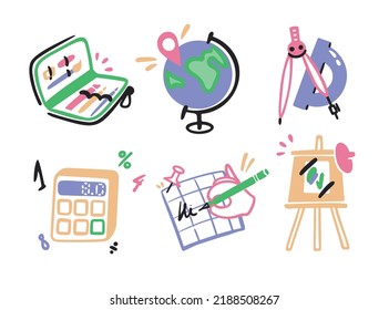 Set of illustrations. Vector cute cartoon school. Back to school, stationery, geometry, globe, geography, mathematics, calculator, easel, drawing, pencil case, note, hand writing.