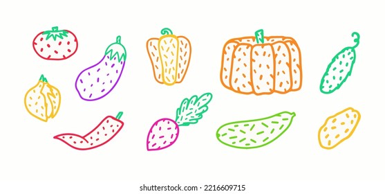 A Set Of Illustrations With Vegetables. Autumn Harvest. The Image Of Food. Contour, Dots, Decorative, Creative Elements. Trending Colors. For The Design Of Postcards, Website, Stickers, Grocery Store.