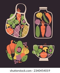 Set of illustrations with vegetables, berries, fork, jar, eco bag, bowl in flat style. Vector clip arts with paprika, avocado, tomato, radish, pea, onion, garlic for vegetarian cafe, restoraunt, menu.