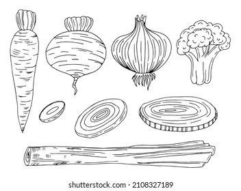 Set of illustrations of vegetables in engraving style. Design element for poster, label, sign, emblem, menu. Vector illustration