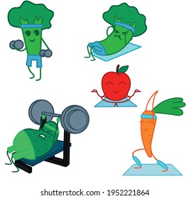 Set of illustrations of vegetables and fruits going in for sports isolation on a white background. Broccoli apple carrot avocado. Vector illustration.