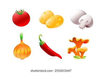 Set of illustrations of vegetables, ingredients for mushroom soup, potatoes, onions, tomatoes, champignons, forest mushrooms, chanterelles, chili peppers, in a realistic 3D style.