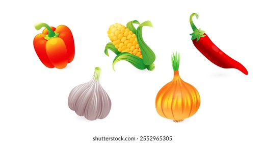 Set of illustrations of vegetables of Mexican traditional food, chili pepper, corn, paprika, garlic, onion, in realistic 3D style.