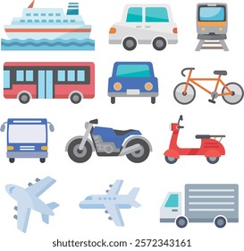 Set of illustrations of vehicles of various modes of transportation