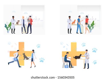 Set of illustrations of veterinary clinic. Veterinarian, animal. Vector illustration with veterinary science concept for banner, website design or landing web page