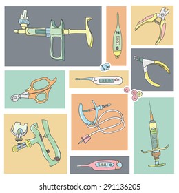 Set illustrations of veterinary instruments and items for pets care