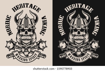 Set of  illustrations with a viking skull in helmet with mace.  Perfect for shirt prints, logos and many other.
