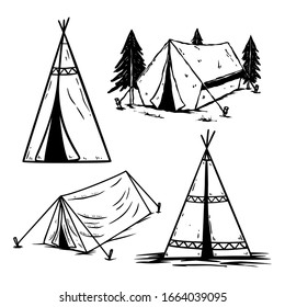 Set of illustrations of vintage camping tents. Design element for logo, label, sign, poster, t shirt. Vector illustration