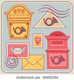 set of illustrations with vintage mailboxes and postage stamps.